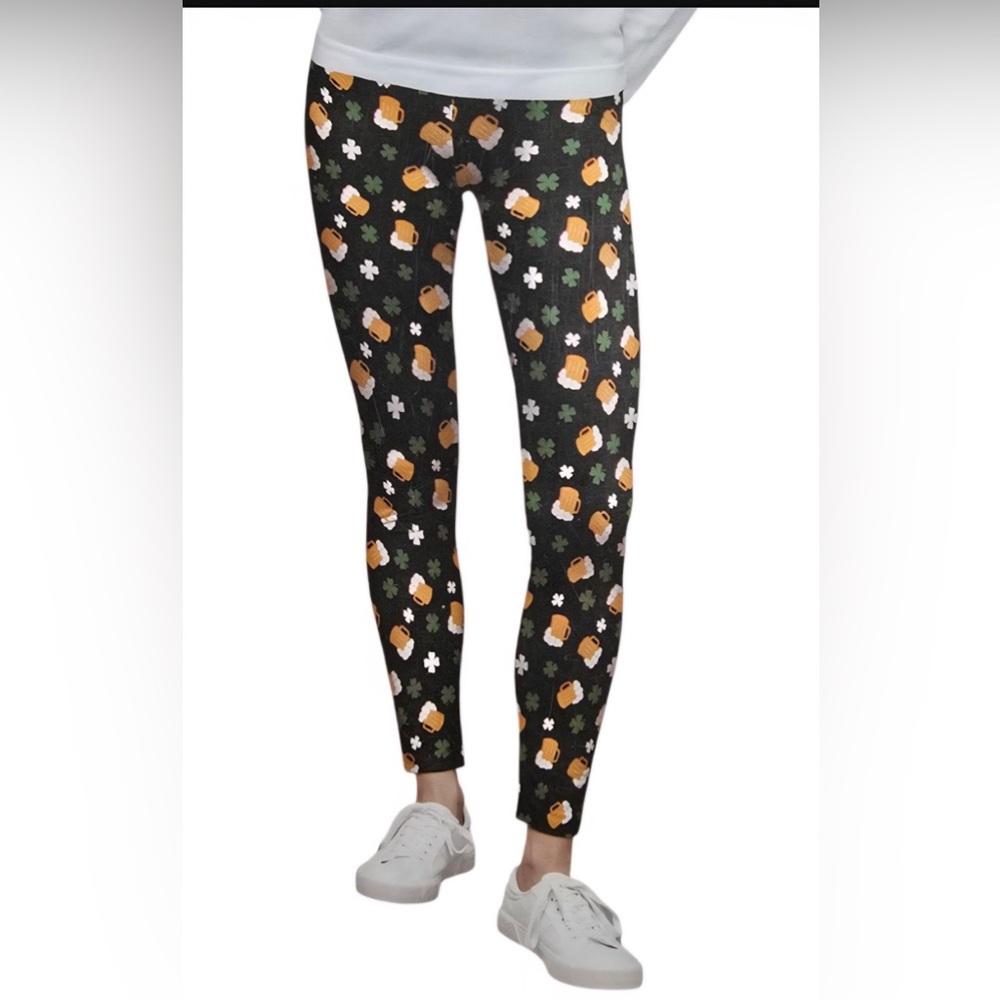 Green Leggings with Clovers and Beer Mug Pattern